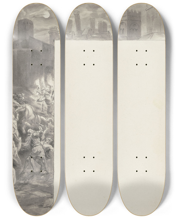 Triptych art skateboard deck of Wilhelm Steinhausen The Assault by Wilhelm Steinhausen (1846-1924)