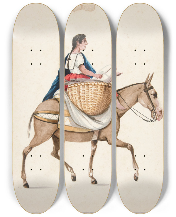 Triptych art skateboard deck of Francisco Fierro Indian Woman On Horseback by Francisco Fierro (1807-1879)