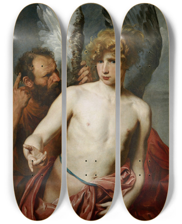 Triptych art skateboard deck of Anthony Van Dyck Daedalus And Icarus by Anthony Van Dyck (1599-1641)