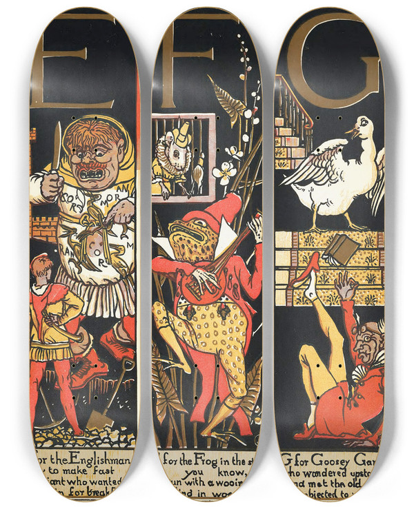 Triptych art skateboard deck of Walter Crane The Absurd Abc Pl 2 by Walter Crane (1845-1915)