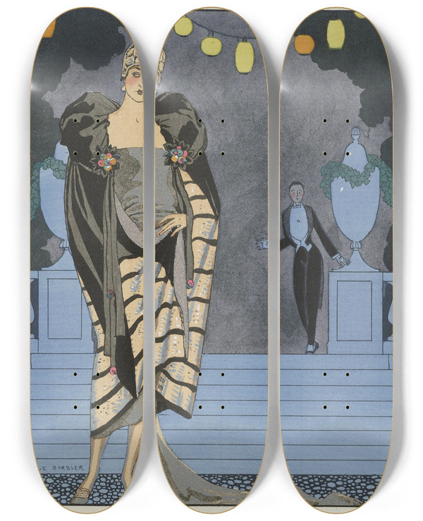 Triptych art skateboard deck of George Barbier Evening Attire_2 by George Barbier (1882-1932)
