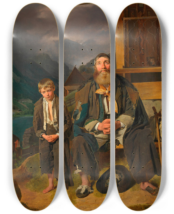 Triptych art skateboard deck of Franz Eybl Der Bettler by Franz Eybl (1806-1880)