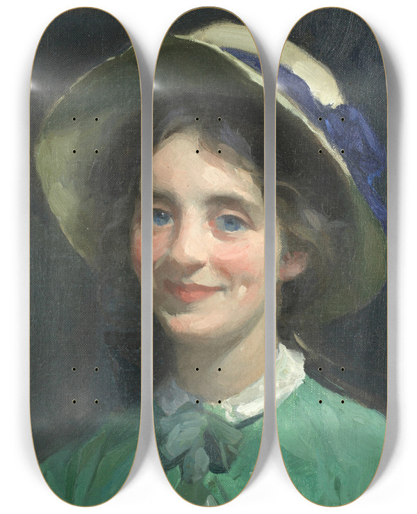 Triptych art skateboard deck of Frank Bramley Portrait Of A Girl In A Hat by Frank Bramley (1857-1915)
