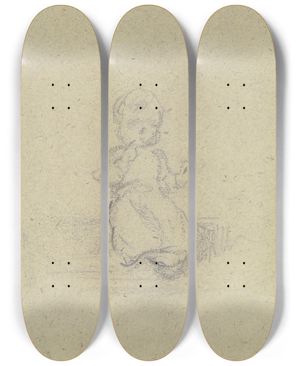 Triptych art skateboard deck of Jakob Frchtegott Dielmann Kleines Kindchen Sitzend Und Essend Es Scheint In Der Hand Einen Apfel Zu Halten Die Andere Hat Es An Den Mund Gefhrt by Jakob Furchtegott Dielmann (1809-1885)