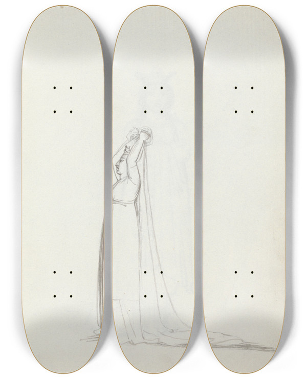 Triptych art skateboard deck of John Flaxman Mrs Siddons Full Length Profile Standing With Arms Over Her Head Holding A Veil by John Flaxman (1755-1826)