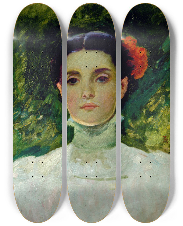 Triptych art skateboard deck of Frank Duveneck Portrait Of Maggie Wilson by Frank Duveneck (1848-1919)