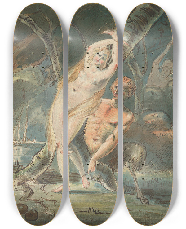 Triptych art skateboard deck of William Hamilton Amymone With A Lecherous Satyr by William Hamilton (1751-1801)
