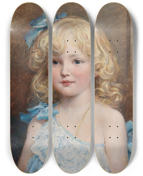 Triptych art skateboard deck of Heywood Hardy Portrait Of A Girl In A Blue Dress by Heywood Hardy (1842-1933)