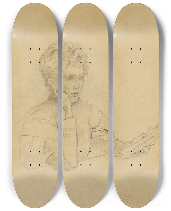 Triptych art skateboard deck of Theo Van Hoytema Zittend Meisje Met Een Boek by Theo Van Hoytema (1863-1917)