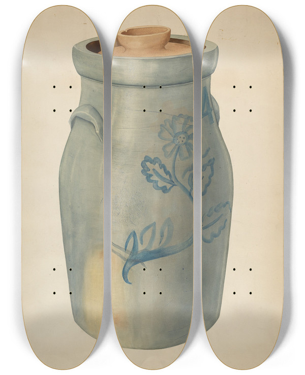 Triptych art skateboard deck of Wilbur M Rice Earthenware Butter Churn by Wilbur M Rice