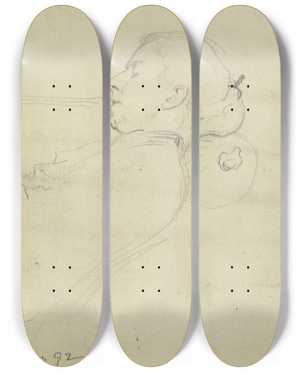 Triptych art skateboard deck of Otto Scholderer Luise Scholderer Schlafend_3 by Otto Scholderer (1834-1902)