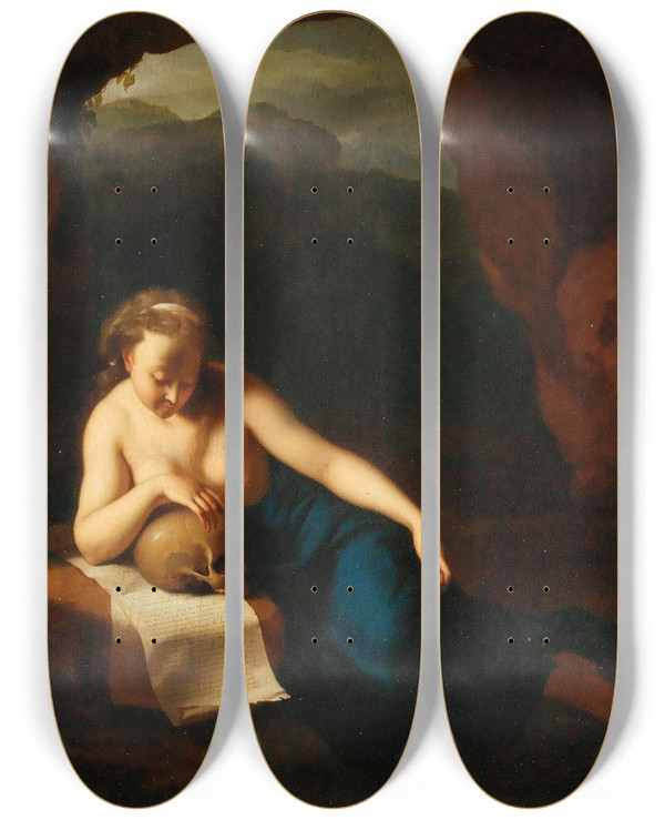 Triptych art skateboard deck of Pieter Van Der Werff The Penitent Magdalene In A Grotto by Pieter Van Der Werff (1665-1722)
