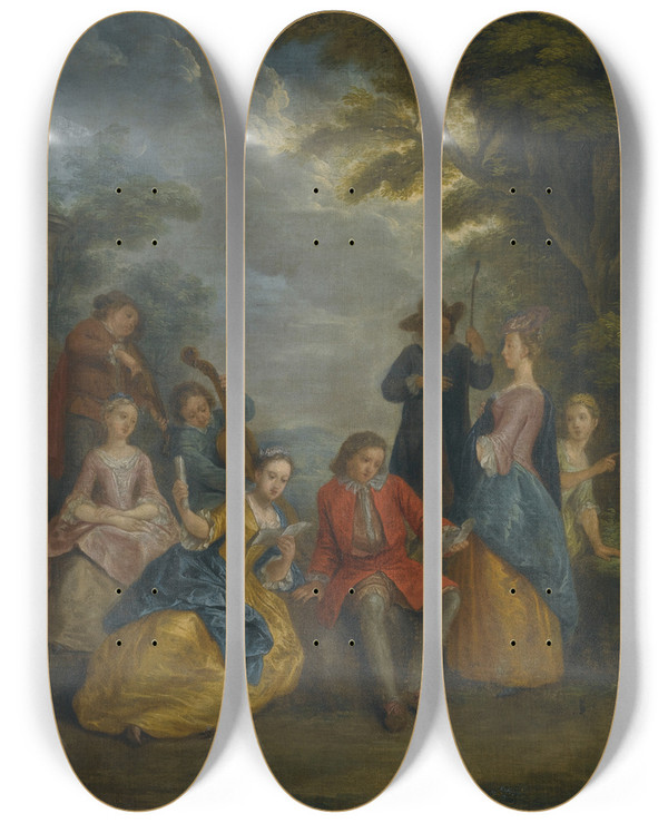 Triptych art skateboard deck of Joseph Francis Nollekens A Fte Champtre by Joseph Francis Nollekens (1702-1748)