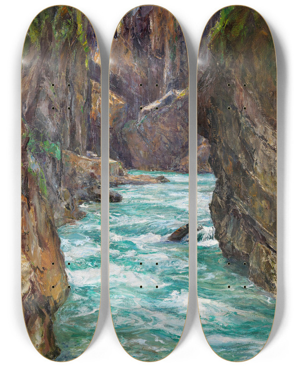 Triptych art skateboard deck of Albert Wenk Die Partnachklamm Bei Partenkirchen by Albert Wenk (1863-1934)