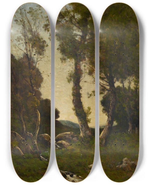 Triptych art skateboard deck of Henrijoseph Harpignies Stream Near Nevers by Henri Joseph Harpignies (1819-1916)