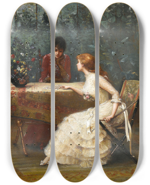Triptych art skateboard deck of Douard Bisson Frage An Die Karten by Edouard Bisson (1856-1939)