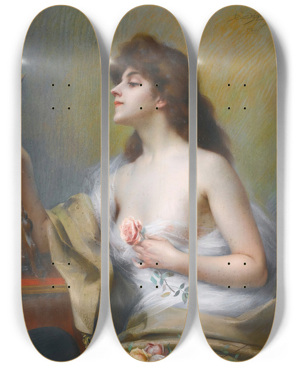 Triptych art skateboard deck of Delphin Enjolras Girl With A Rose by Delphin Enjolras (1857-1945)