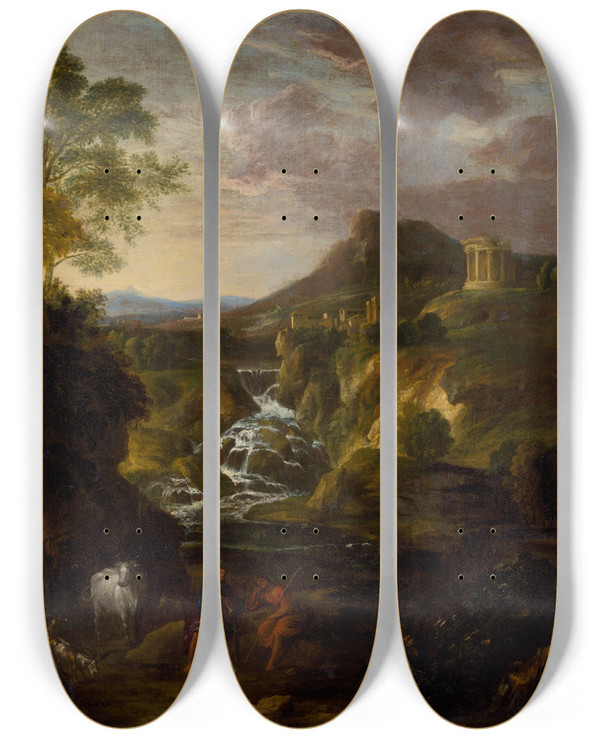 Triptych art skateboard deck of Gaspard Dughet Landscape With The Cascades Of Tivoli by Gaspard Dughet (1615-1675)