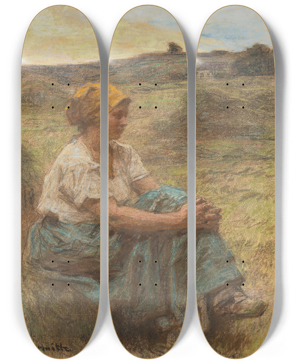 Triptych art skateboard deck of Lon Augustin Lhermitte Moissonneuse Le Soir Montsaintpre by Lon Augustin Lhermitte (1844-1925)