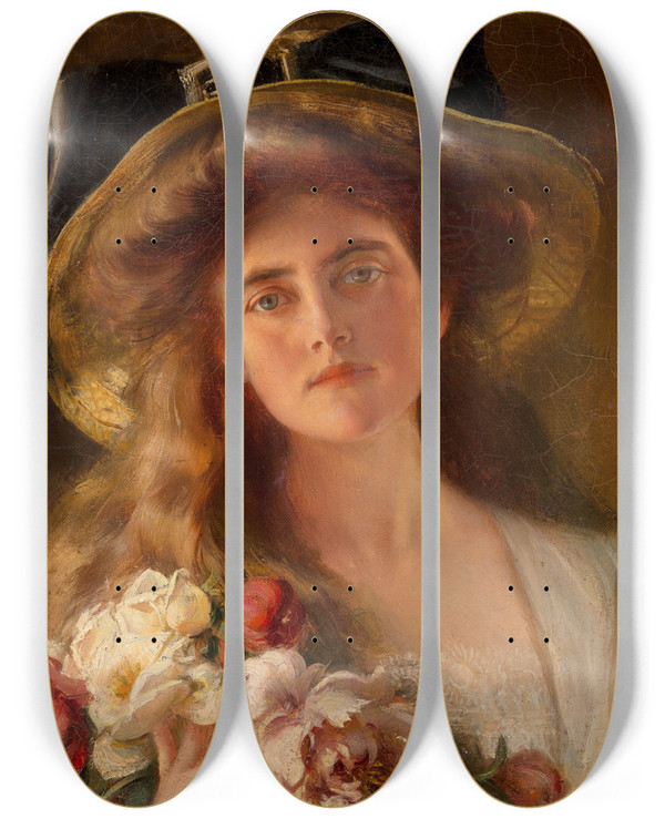 Triptych art skateboard deck of Albert Lynch The Summer Porch by Albert Lynch (1860-1950)
