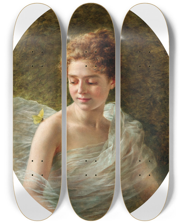 Triptych art skateboard deck of Hlene Gevers The Yellow Butterfly by Helene Gevers