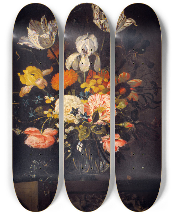 Triptych art skateboard deck of Jacob Marrel Stilllife With Flowers by Jacob Marrel (1613-1681)