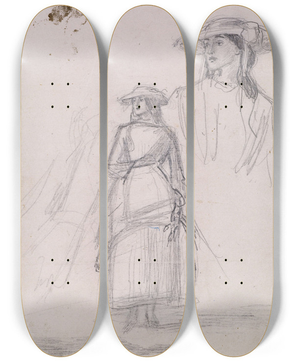 Triptych art skateboard deck of Sir John Everett Millais Thomas Hoods Ruth Two Figure Sketches by Sir John Everett Millais (1829-1896)