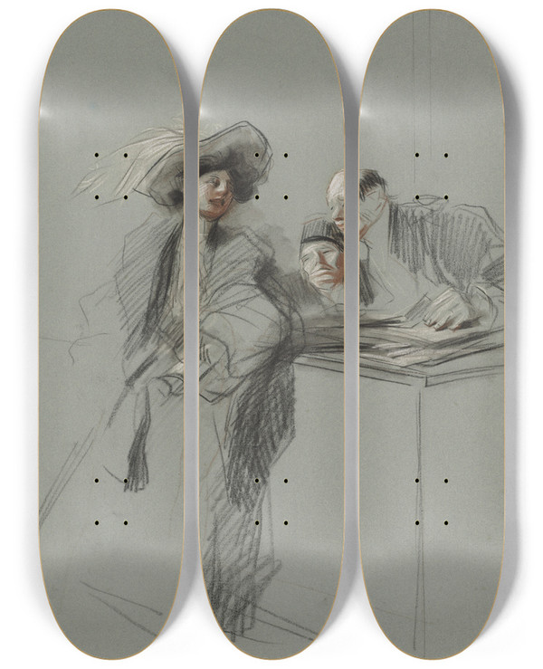 Triptych art skateboard deck of Jeanlouis Forain The Client by Jean Louis Forain (1852-1931)
