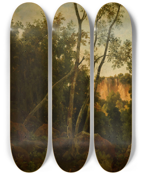 Triptych art skateboard deck of Jacquesraymond Brascassat Fort Avec Rochers by Jacques Raymond Brascassat (1804-1867)