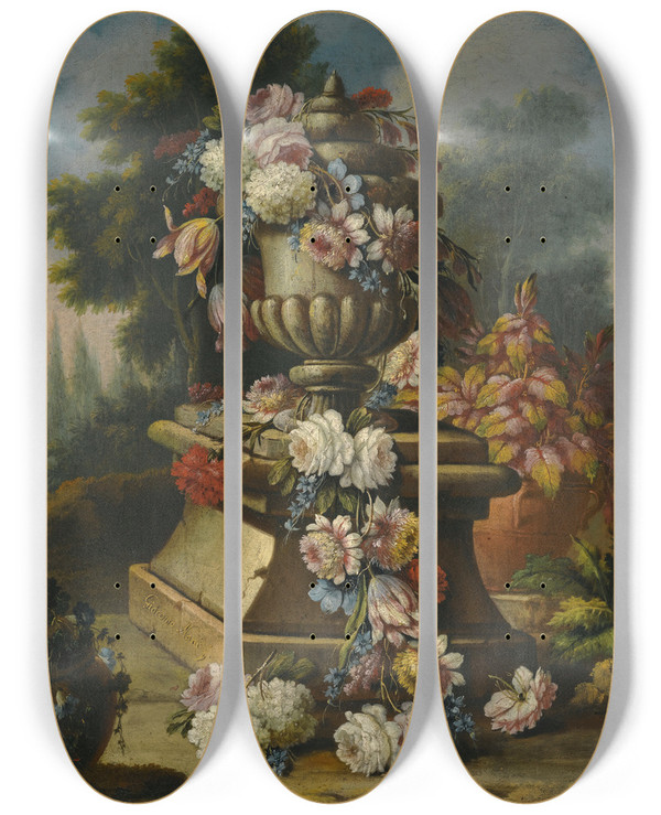Triptych art skateboard deck of Giacomo Nani A Still Life With A Garland Of Roses Tulips Carnations And Other Flowers Draped Around A Stone Urn In A Landscape by Giacomo Nani (1698-1770)