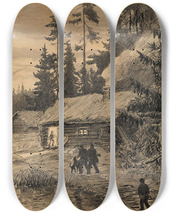 Triptych art skateboard deck of Hans Gude Jegere P Hjemvei by Hans Gude (1825-1903)