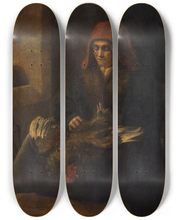 Triptych art skateboard deck of Follower Of Rembrandt Van Rijn Old Woman Plucking A Fowl by Follower of Rembrandt van Rijn (1606-1669)