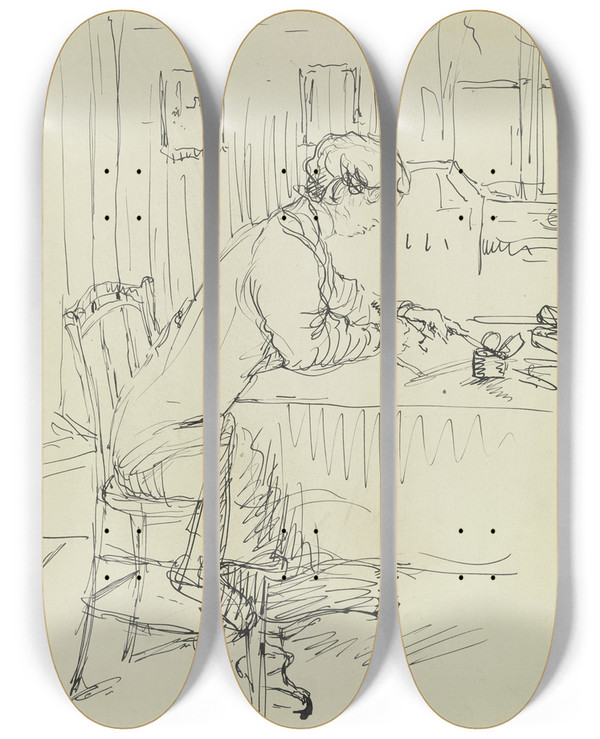 Triptych art skateboard deck of Gustav Schraegle Writing Girl by Gustav Schraegle (1867-1925)