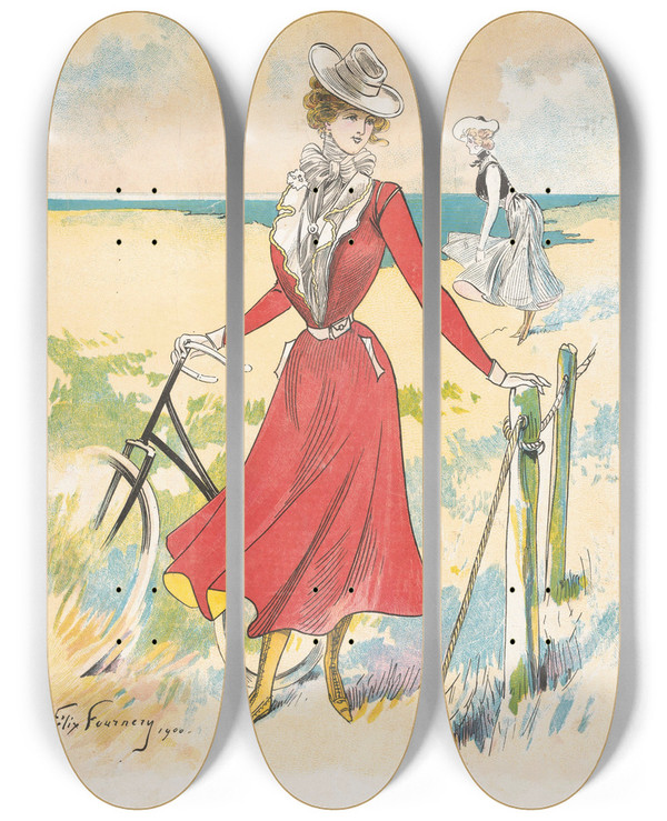 Triptych art skateboard deck of Flix Fournery The Fashion Magazine As Temptress by Felix Fournery (1865-1938)