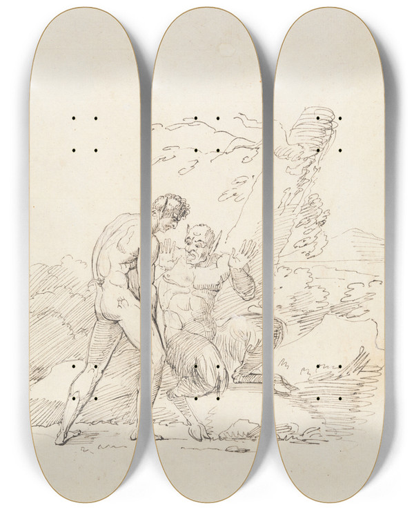 Triptych art skateboard deck of Henry Tresham Study Of A Centaur And A Satanic Figure by Henry Tresham (1750-1814)