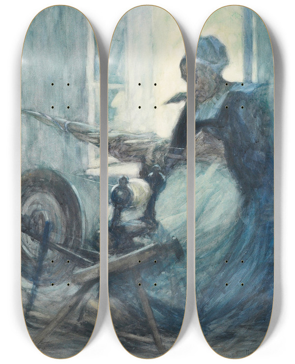 Triptych art skateboard deck of Maud Sherwood Spinning by Maud Sherwood (1880-1956)
