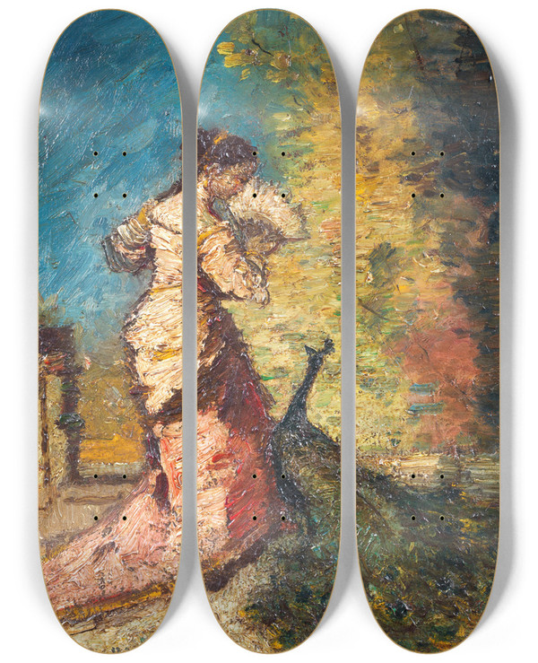 Triptych art skateboard deck of Adolphe Monticelli Femme Au Paon by Adolphe Monticelli (1824-1886)