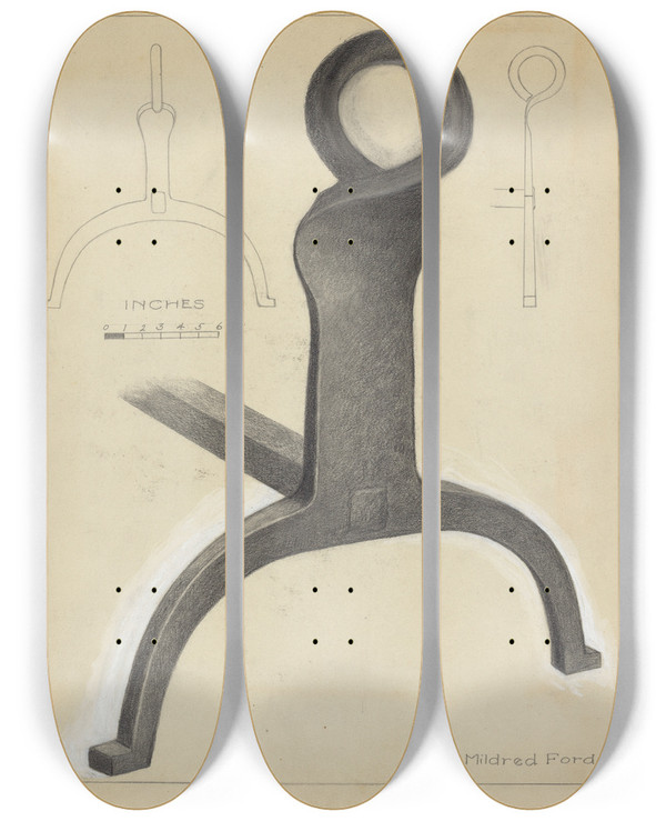 Triptych art skateboard deck of Mildred Ford Andiron One Of Pair_3 by Mildred Ford (20-)