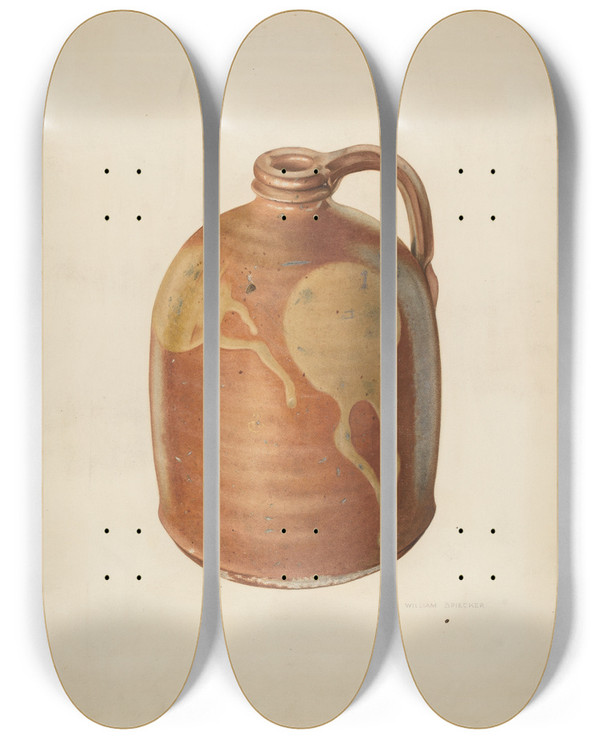 Triptych art skateboard deck of William Spiecker Galena Pottery Jug by William Spiecker