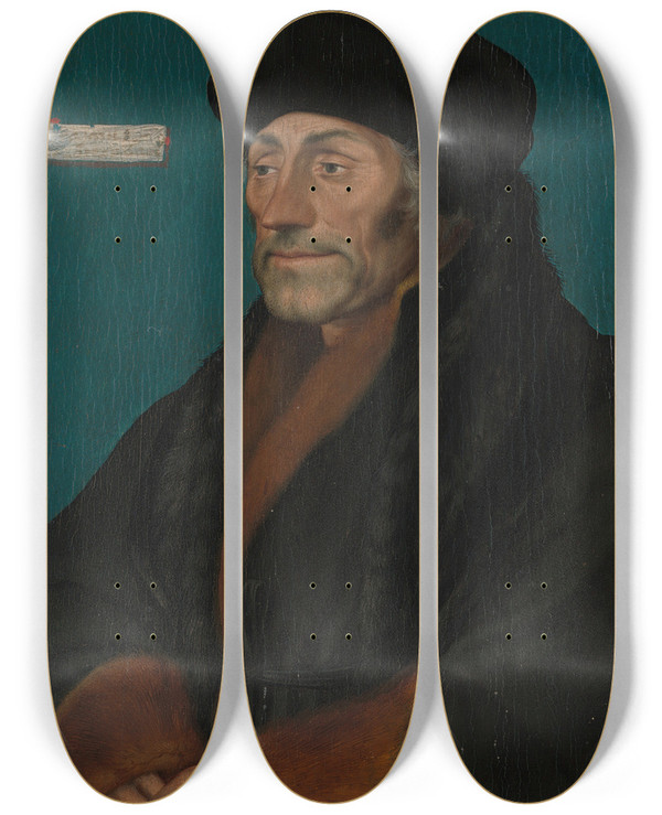 Triptych art skateboard deck of Hans Holbein The Younger Erasmus Of Rotterdam by Hans Holbein The Younger (1497-1543)