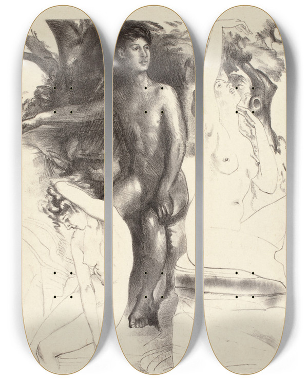 Triptych art skateboard deck of Arthur Bowen Davies Dominion by Arthur Bowen Davies (1862-1928)