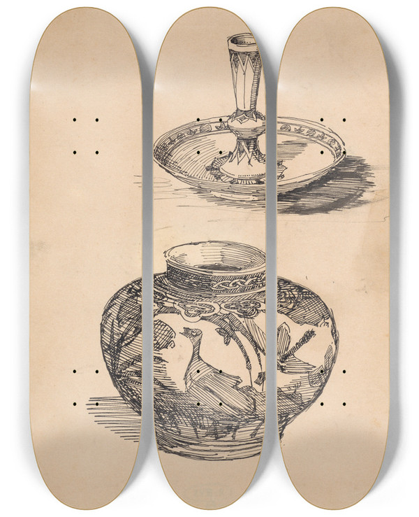 Triptych art skateboard deck of Theo Nieuwenhuis Twee Stuks Perzisch Aardewerk by Theo Nieuwenhuis (1866-1951)