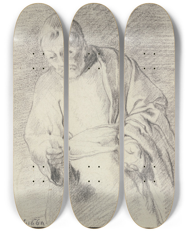 Triptych art skateboard deck of Frans Van Mieris The Elder Old Man With A Candle by Frans Van Mieris The Elder (1635-1681)