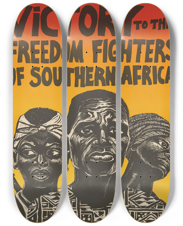 Triptych art skateboard deck of Rachael Romero Victory To The Freedom Fighters Of Southern Africa by Rachael Romero (1953)