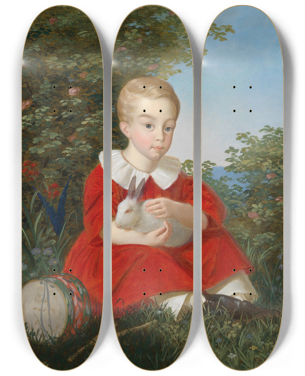 Triptych art skateboard deck of Joseph Weidner Bildnis Eines Knaben Mit Zwerghasen by Joseph Weidner (1801-1871)