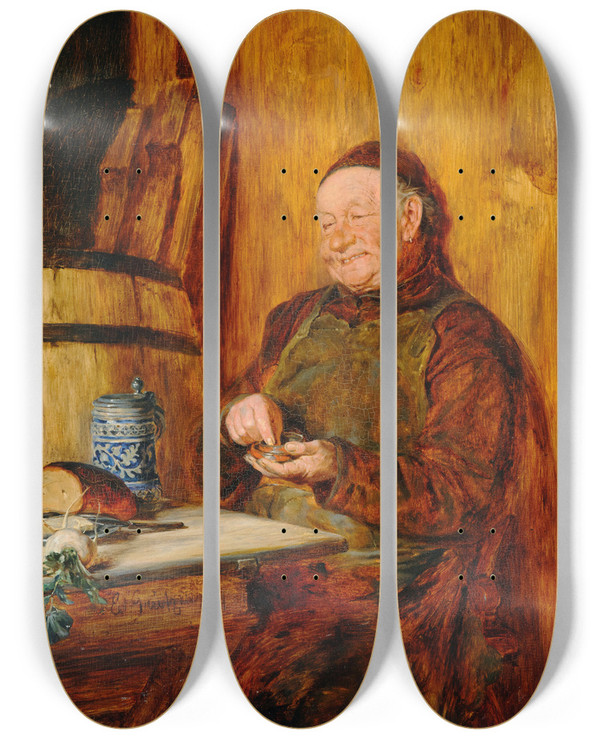 Triptych art skateboard deck of Eduard Von Grtzner Stillvergngt A Monk With A Tobacco Box by Eduard Von Grutzner (1848-1925)