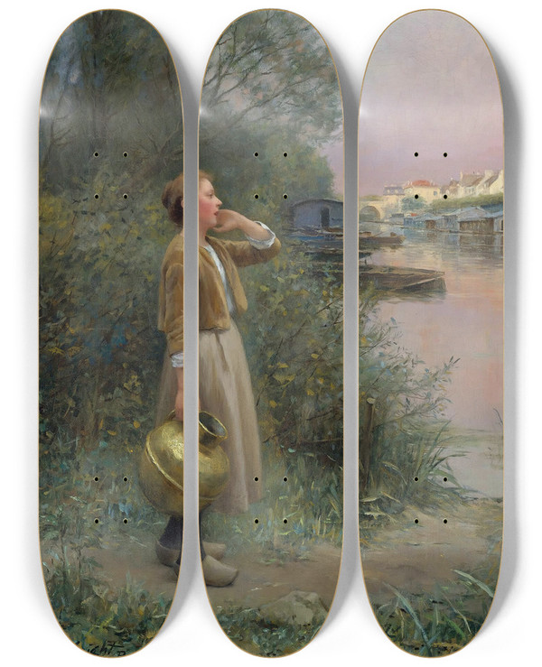 Triptych art skateboard deck of Daniel Ridgway Knight Girl With Water Jug by Daniel Ridgway Knight (1839-1924)