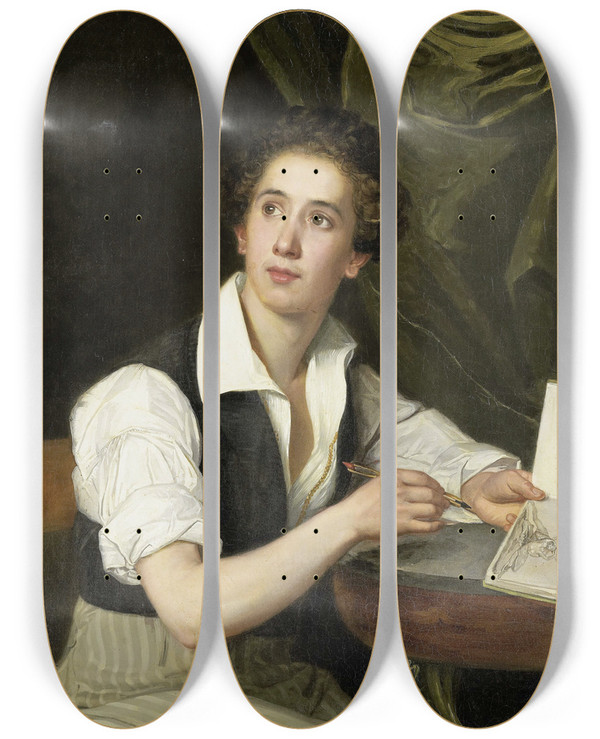 Triptych art skateboard deck of Charles Saligo Selfportrait by Charles Saligo (1804-1874)