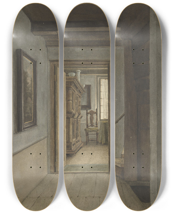 Triptych art skateboard deck of Gerrit Lamberts Binnenhuis by Gerrit Lamberts (1776-1850)