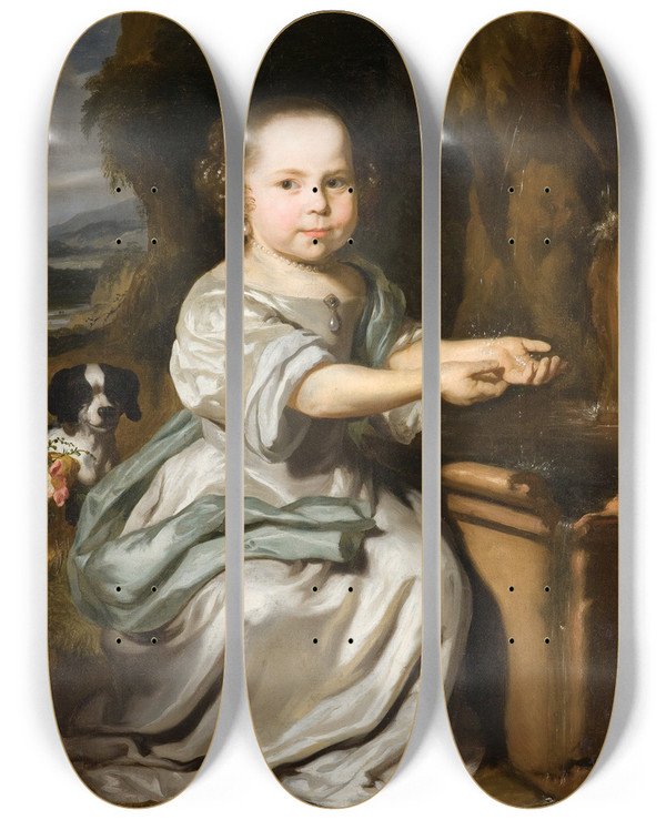 Triptych art skateboard deck of Nicolaes Maes Portrait Of A Girl_2 by Nicolaes Maes (1634-1693)
